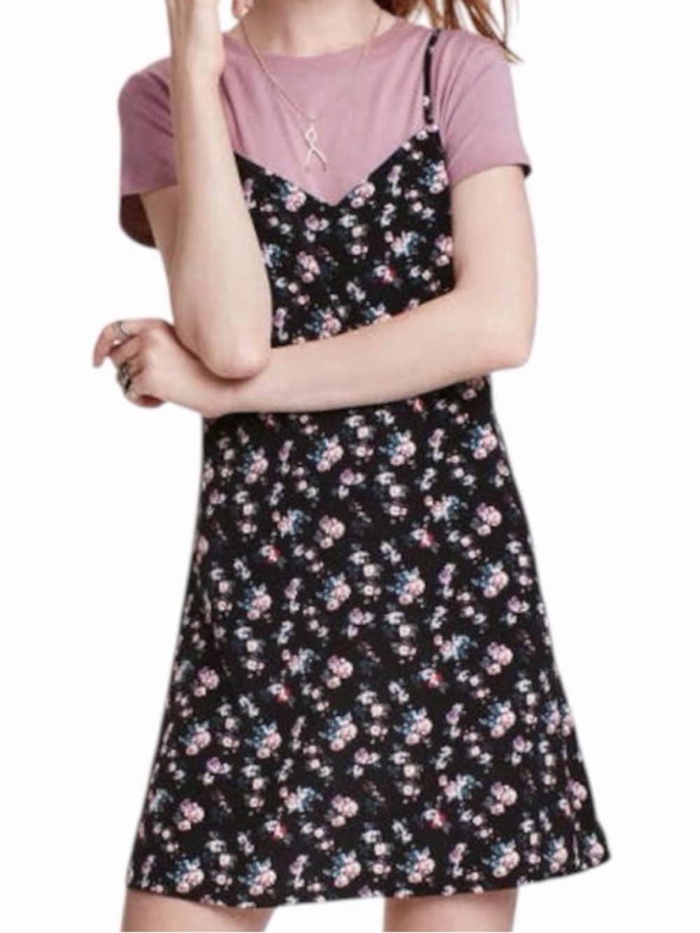 H&M Ditzy Cottagecore Floral Print Strappy Slip Dress With V Cut Navy Blue 8